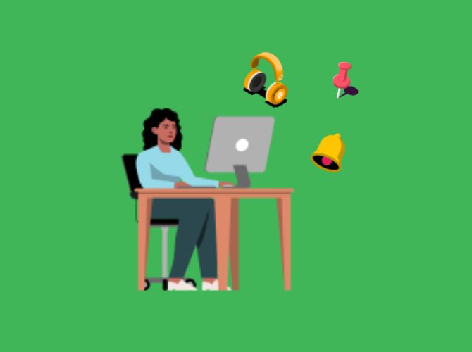 Illustrated image of a woman sitting at a desk with a computer , surrounded by icons of headphones, a notification bell symbol, and a pushpin