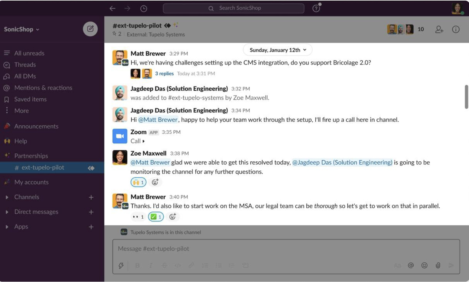 User interface image depicting organizations on a paid Slack plan sharing a channel with external partners with Slack Connect.
