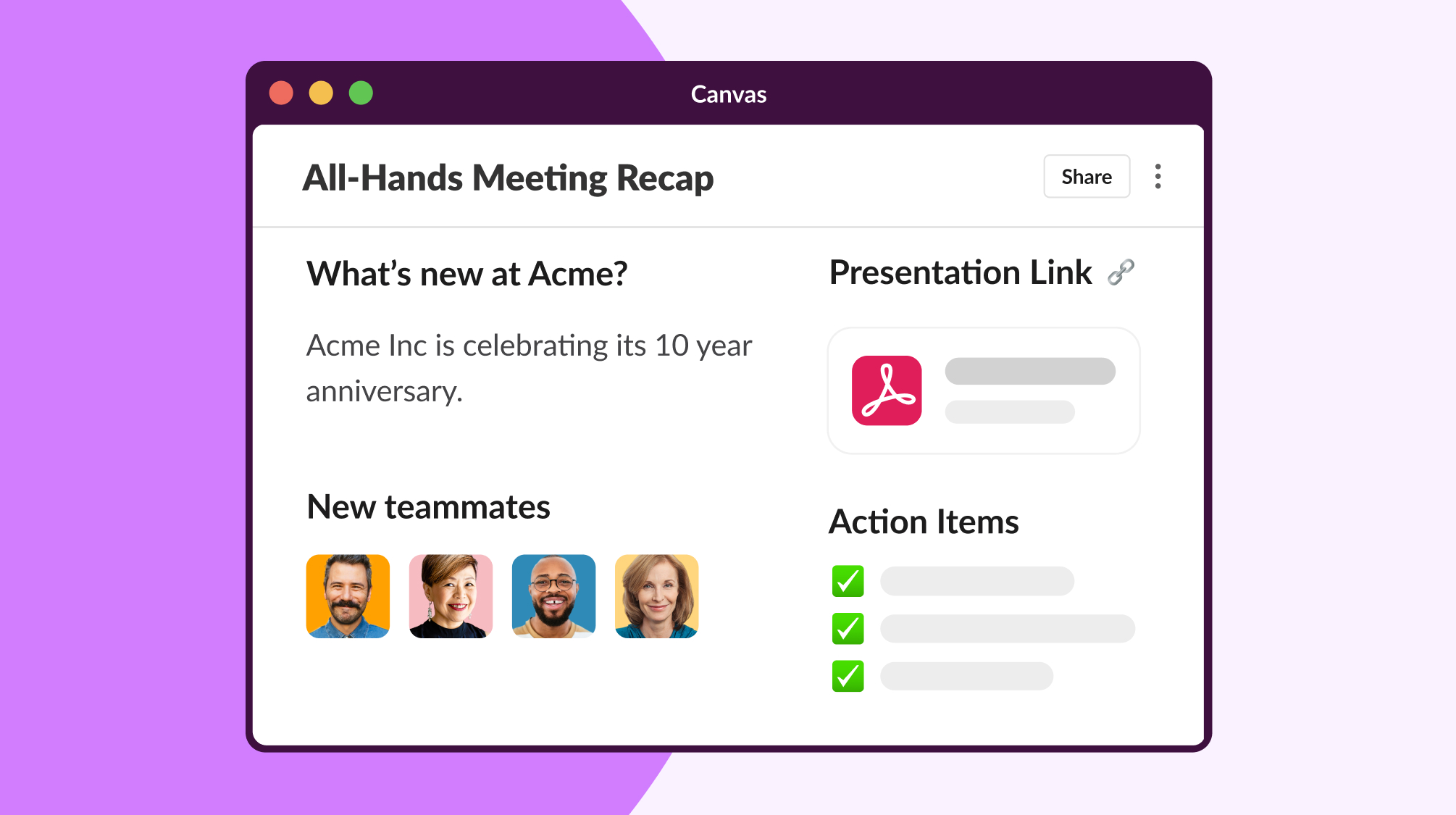 The Slack interface showing a canvas representing communication and Slack