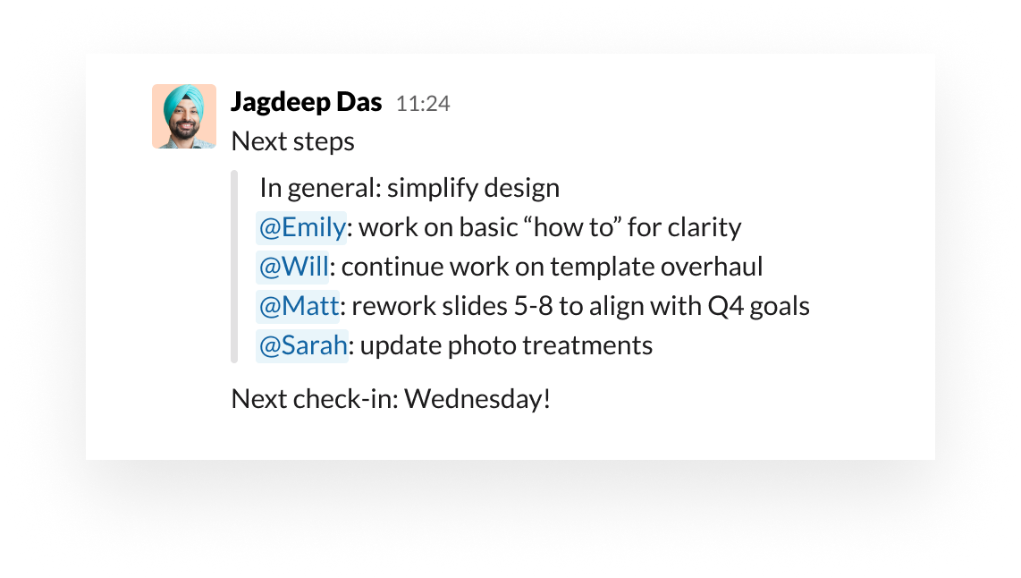 Slack UI showing how to use the ‘at’ mention to organise tasks and owners