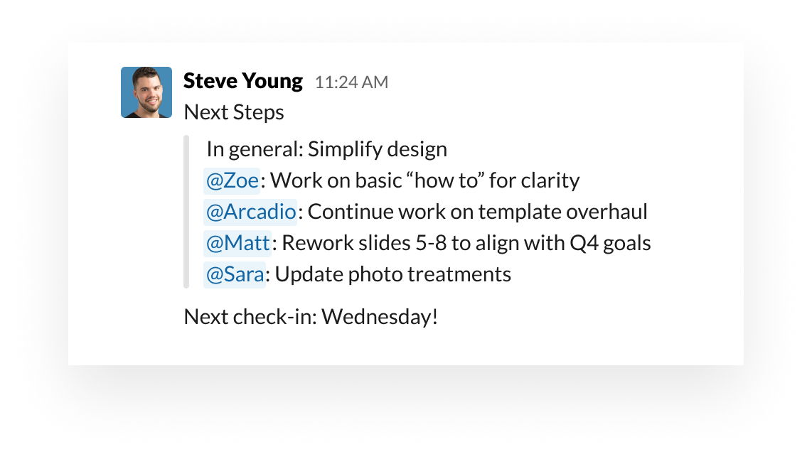 Slack UI showing how to use the "at" mention to organize tasks and owners