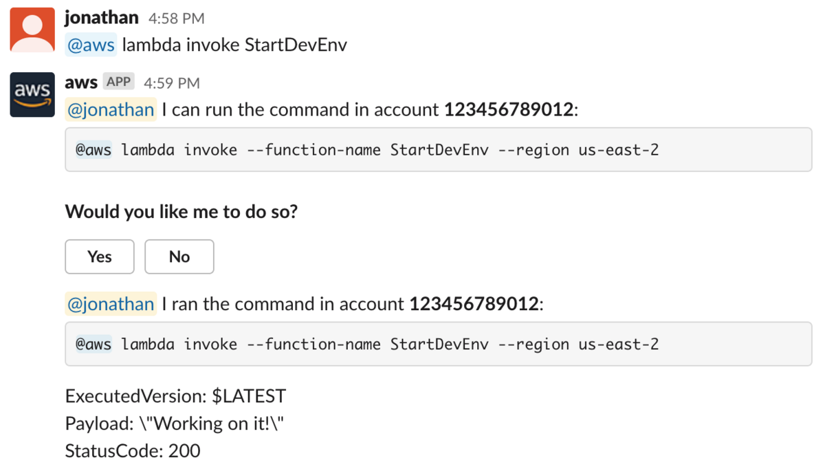 A screenshot illustrating how AWS Chatbot can be used to run AWS commands in Slack channels.