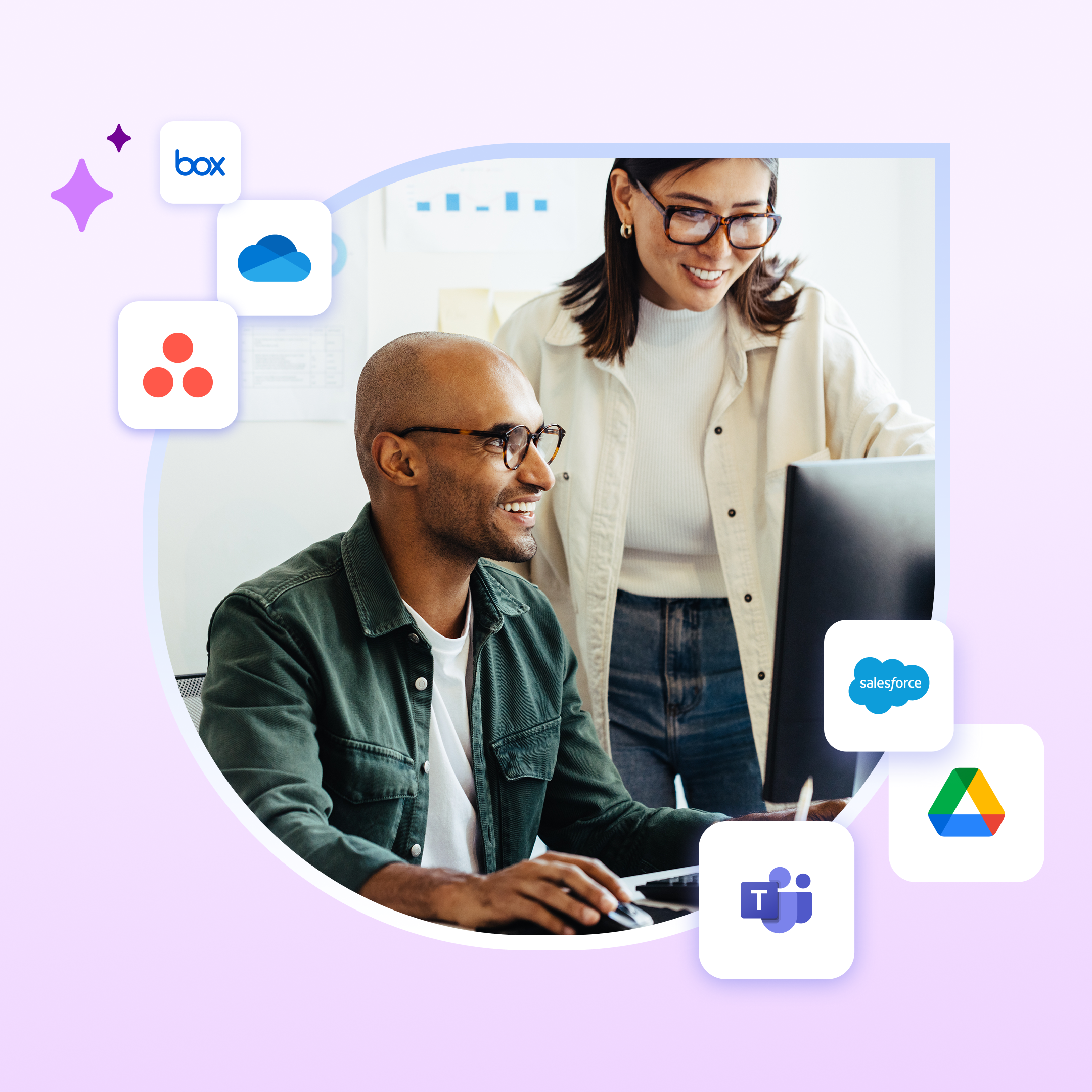 Bild von zwei Personen, die mühelos die Enterprise-Suche in Slack nutzen