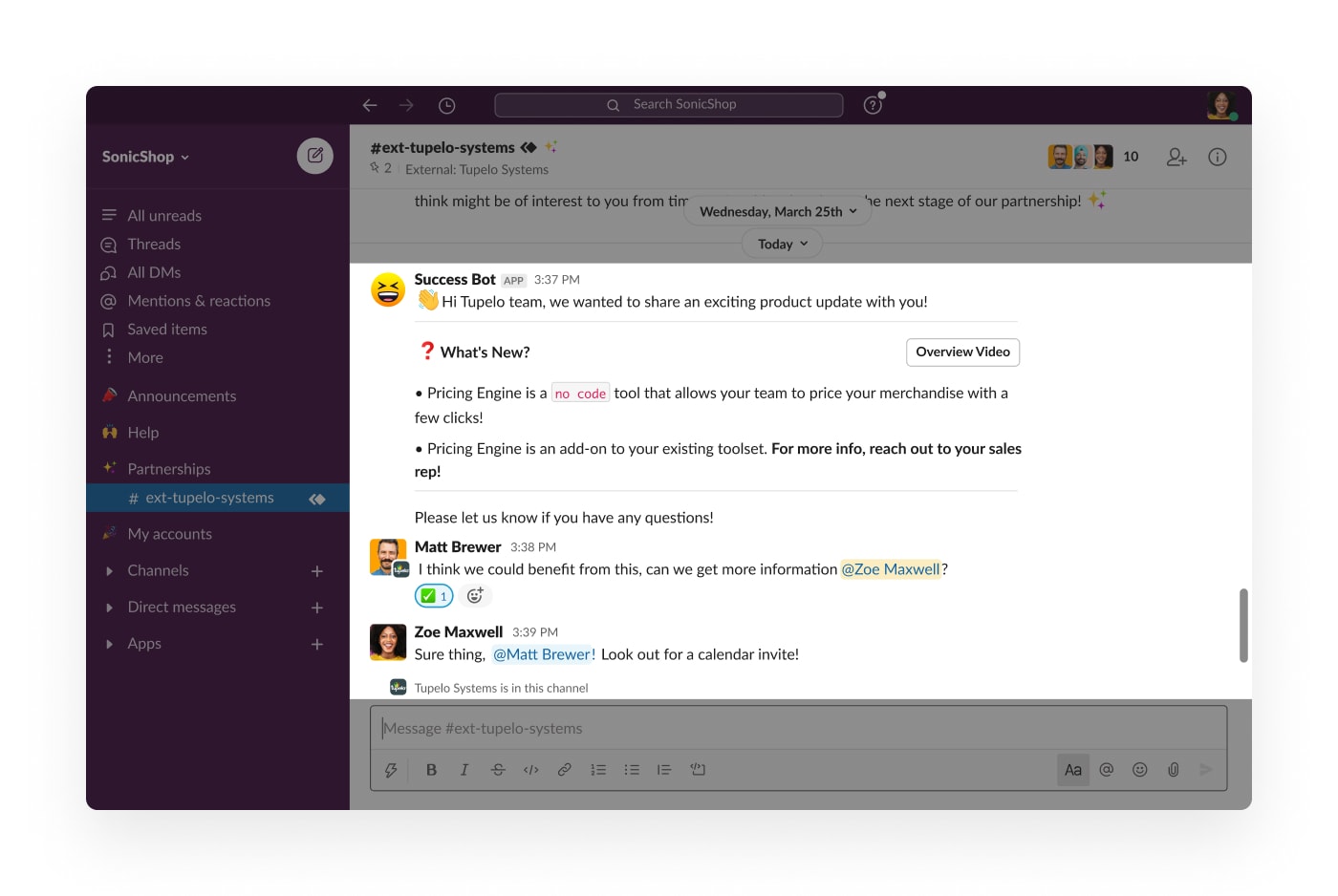 Success Bot automation into Slack channel suggesting a new integration tool for the channel to utilize