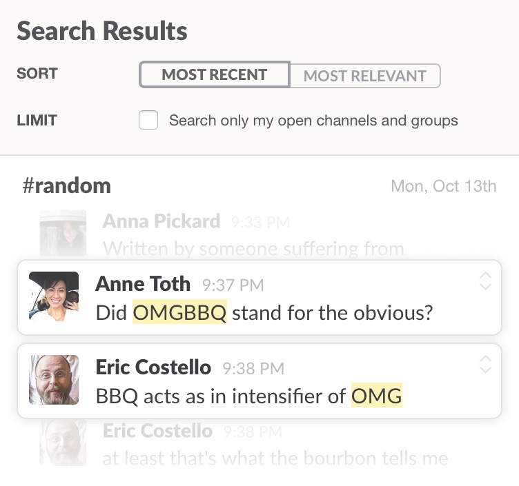UI of Slack search circa 2014