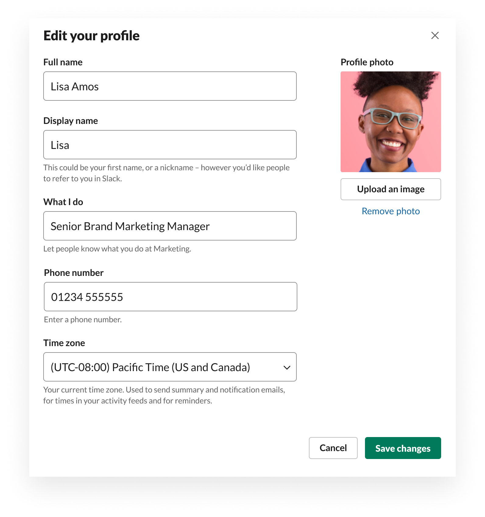 Slack UI showing how to edit your profile, including picture, name, title, time zone and phone number