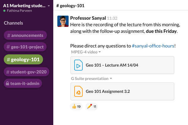 Slack application showing a channel with a direct message