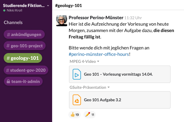 Slack-Anwendung mit einer Direktnachricht in einem Channel