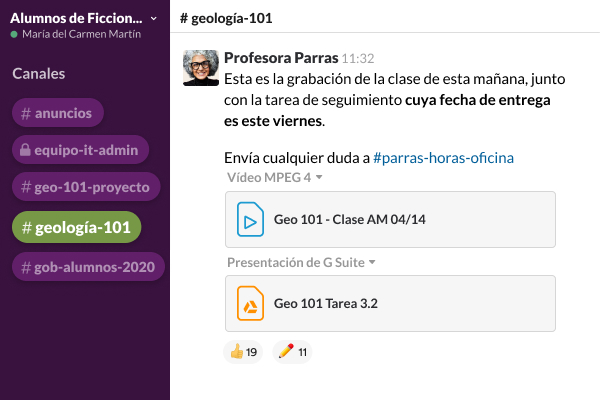 aplicación de Slack donde se muestra un canal con un mensaje directo