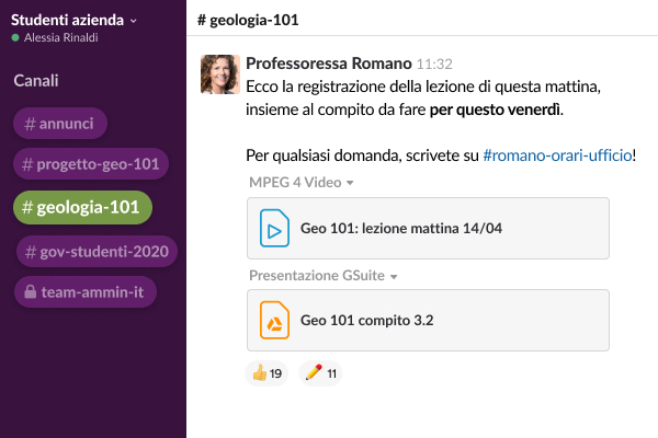 applicazione Slack che mostra un canale con un messaggio diretto