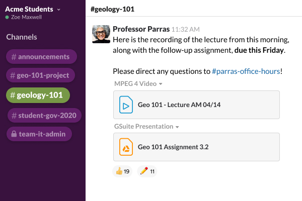 slack application showing a channel with a direct message