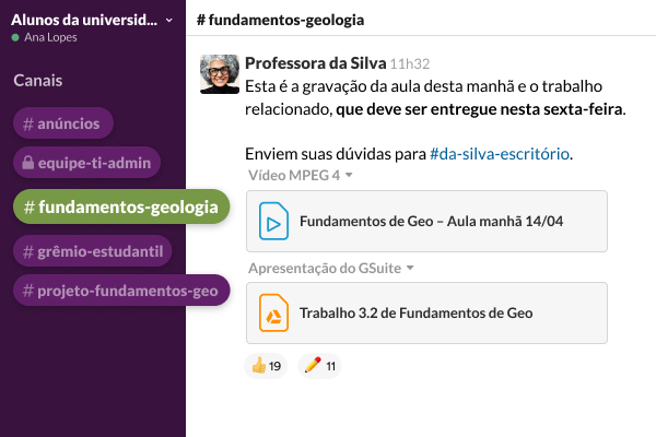 App Slack mostrando um canal com uma mensagem direta