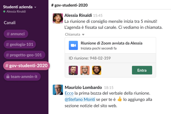 Un canale che mostra la chat di conversazione