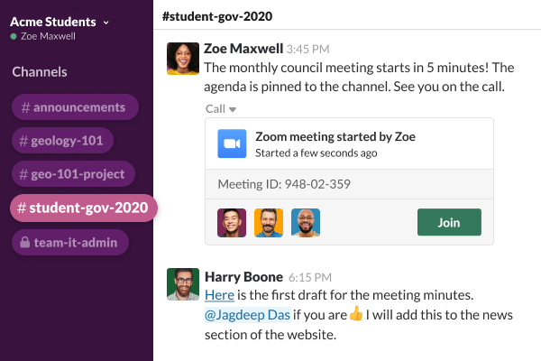 A channel showing with conversation chat