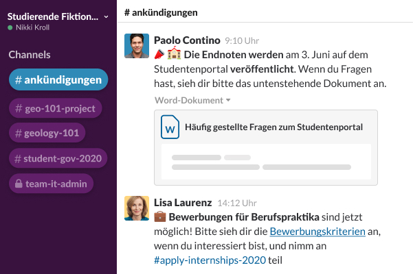 Channel mit Ankündigungsbeiträgen