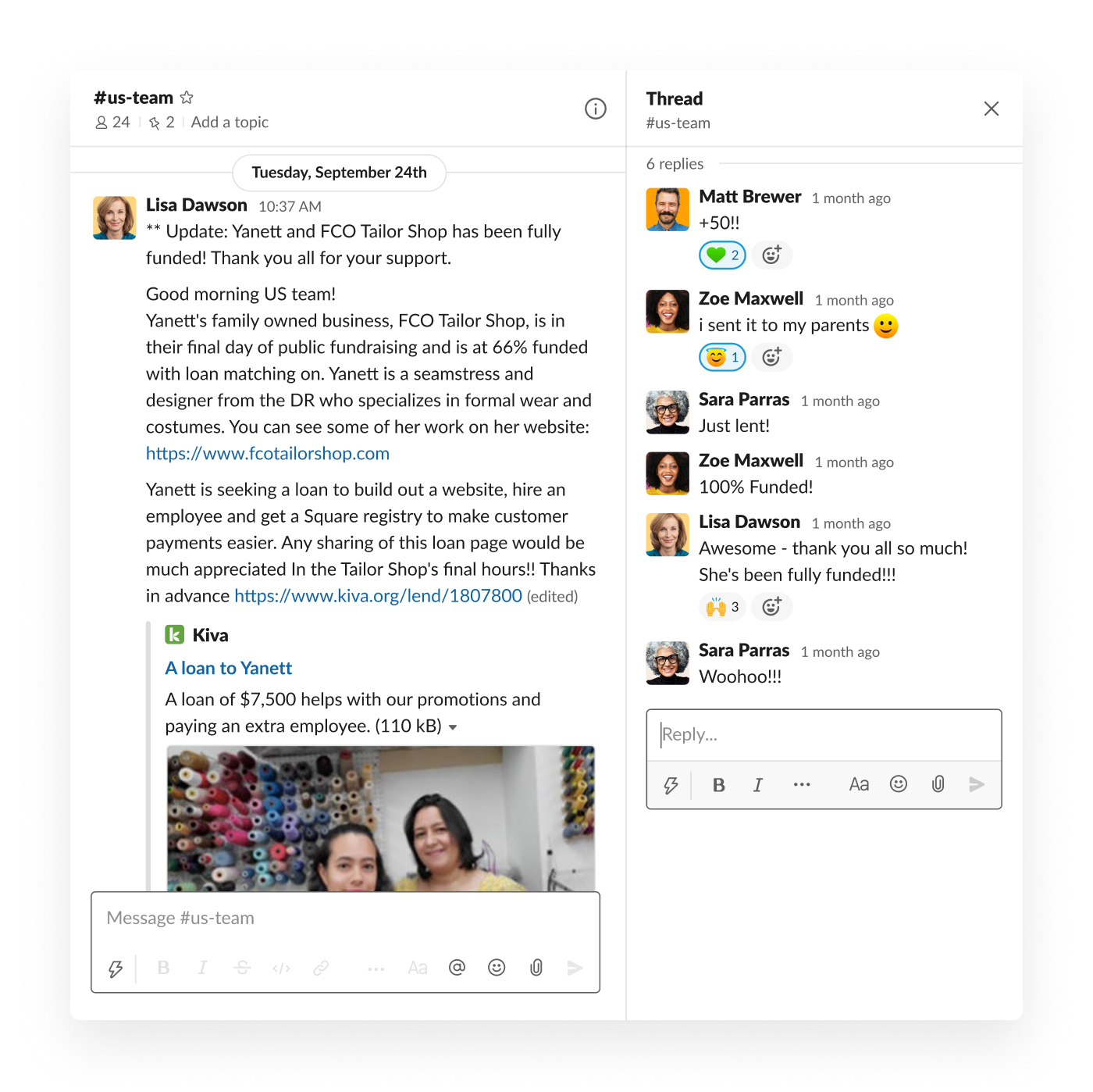 US Team channel update in Slack