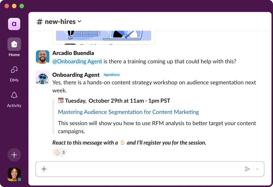 Slack-Screenshot, der zeigt, wie Agentforce in einem Channel erwähnt wird