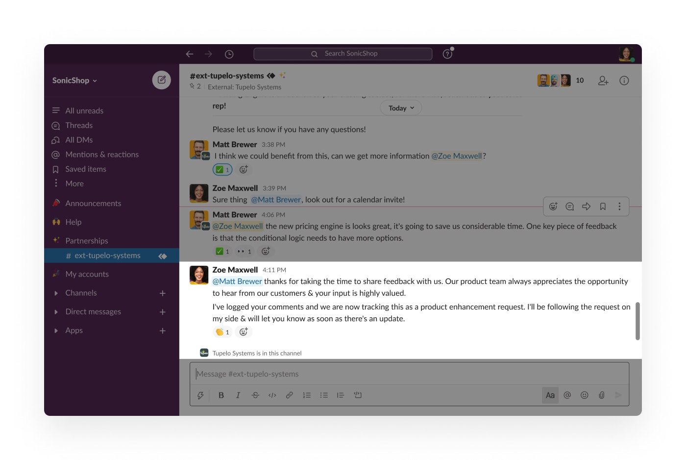 Slack Connect channel with external partners highlighting recent message regarding feedback