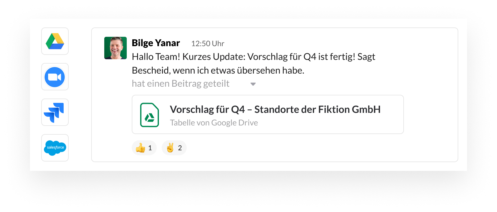 Slack-UI-Bild mit App-Partner-Symbolen wie Google, Zoom, Jira und Salesforce