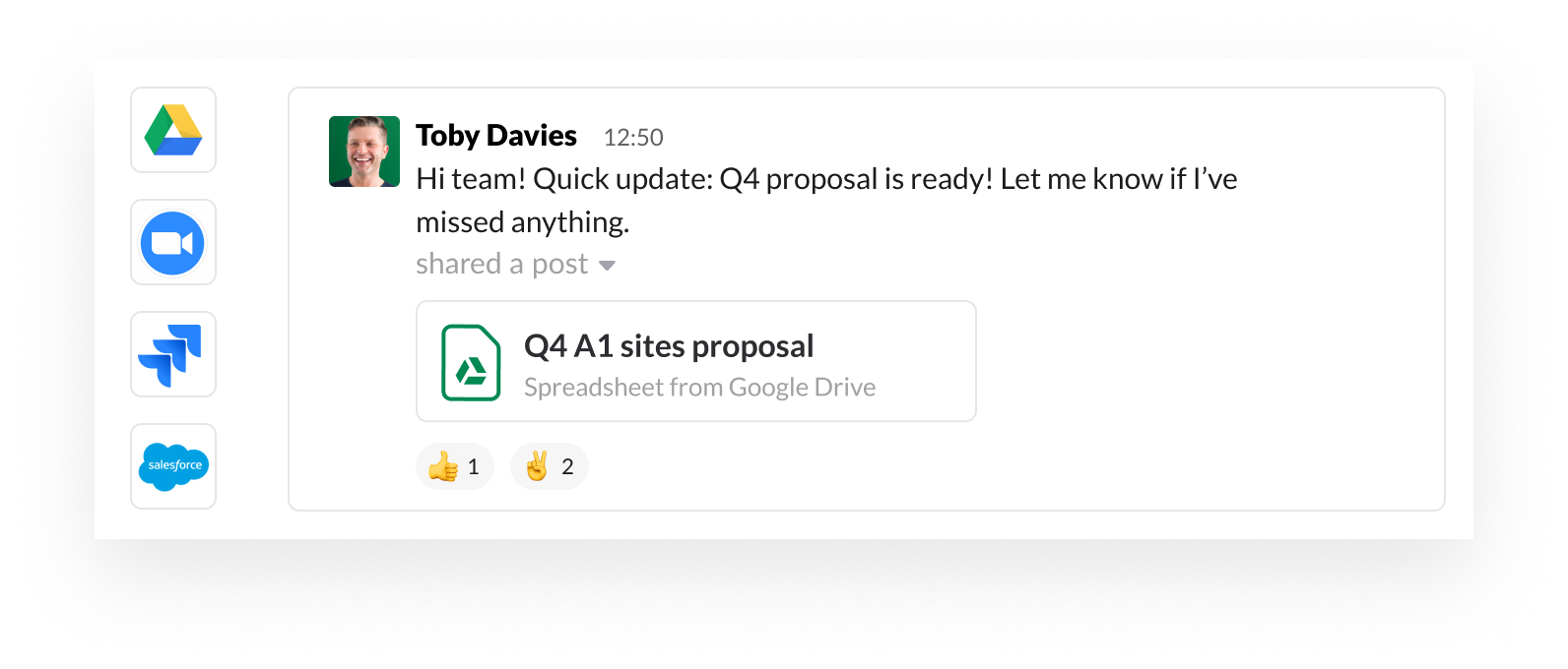 Slack UI image with app partner icons such as Google, Zoom, Jira and Salesforce