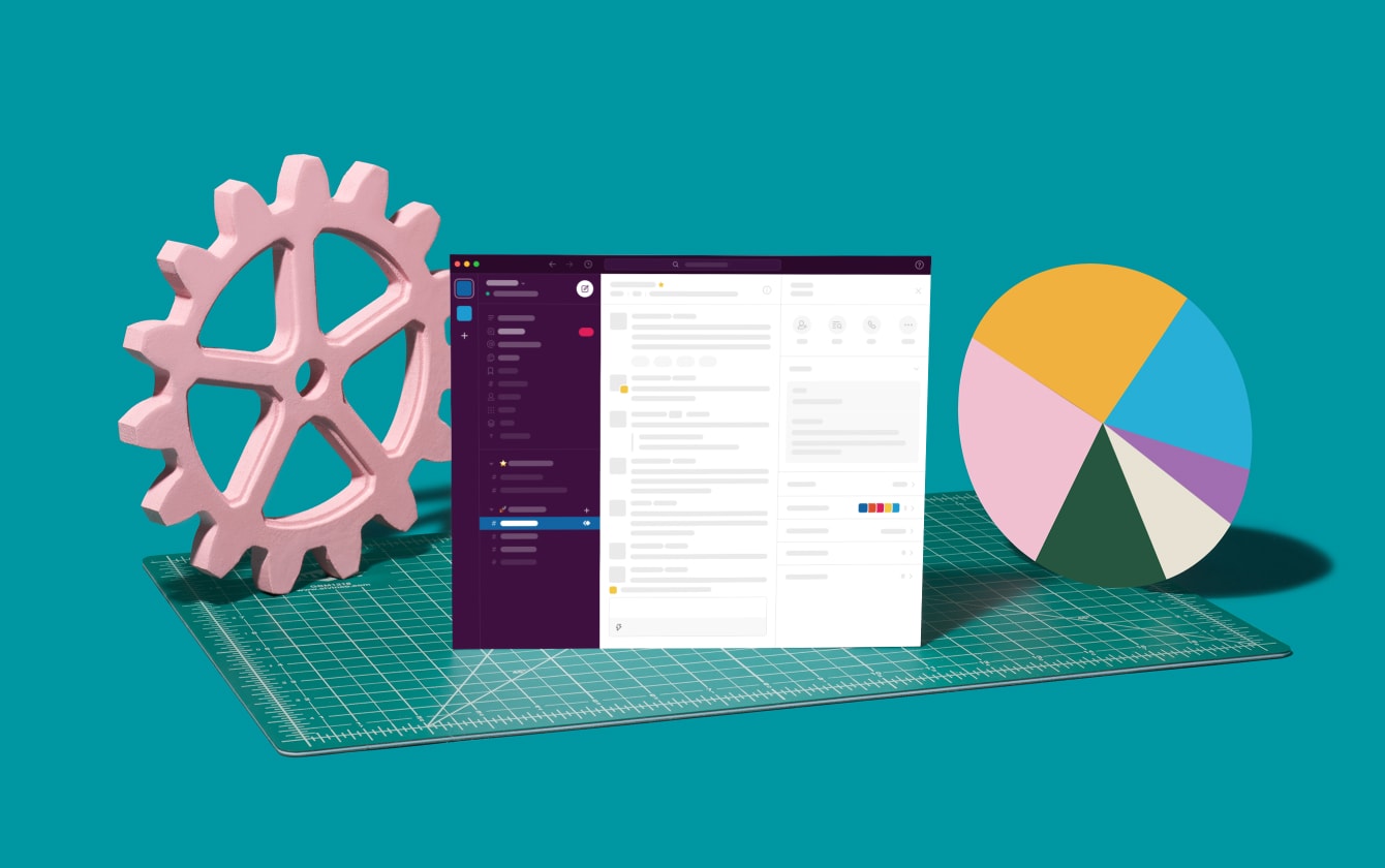 Slack screen with pie chart and tools representing business