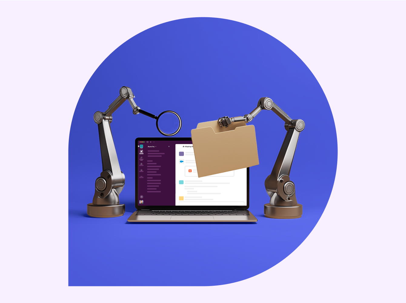 Laptop with two robotic arms holding a magnifying glass and folder, representing AI agents