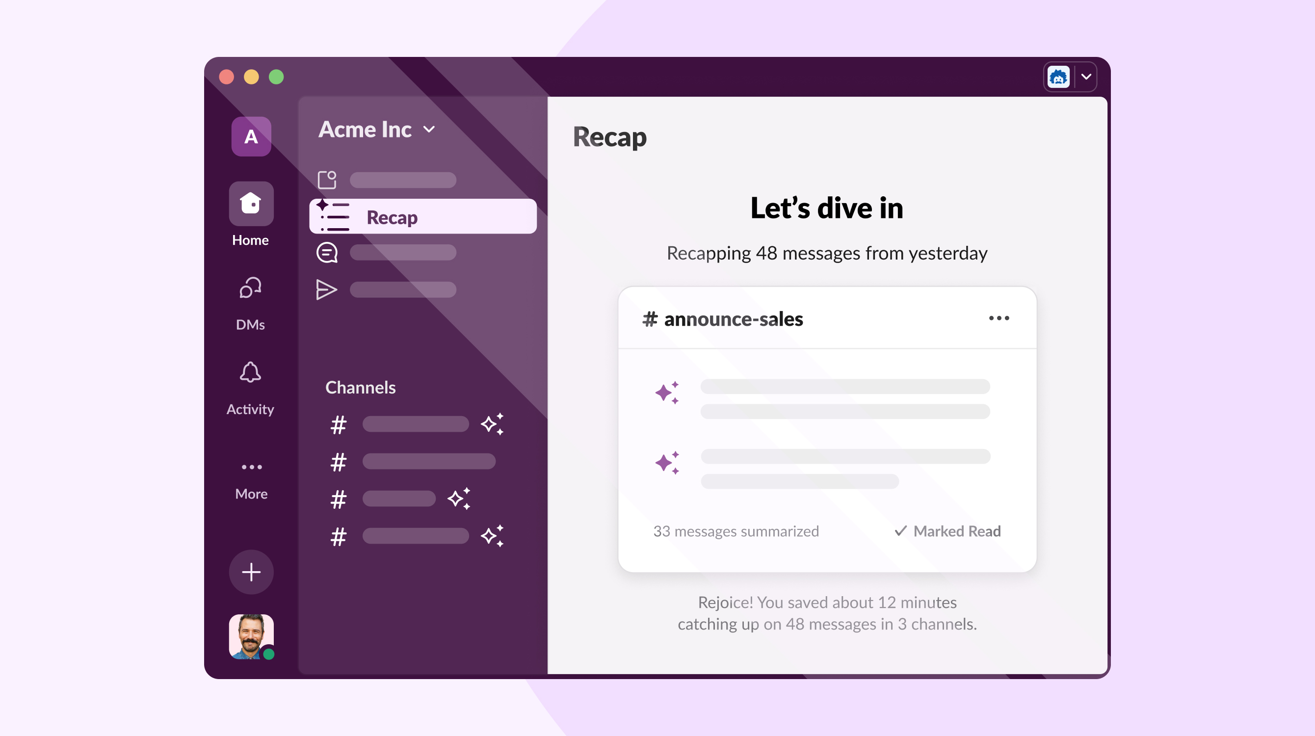 Screenshot of Slack AI Recap window over lavender background