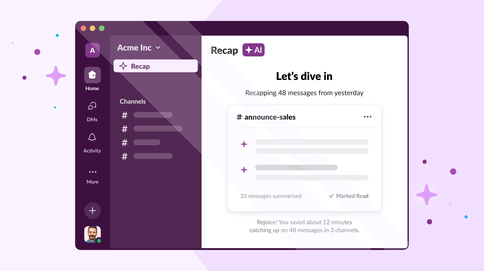 An image of Slack showing Slack AI recap on a lavender background