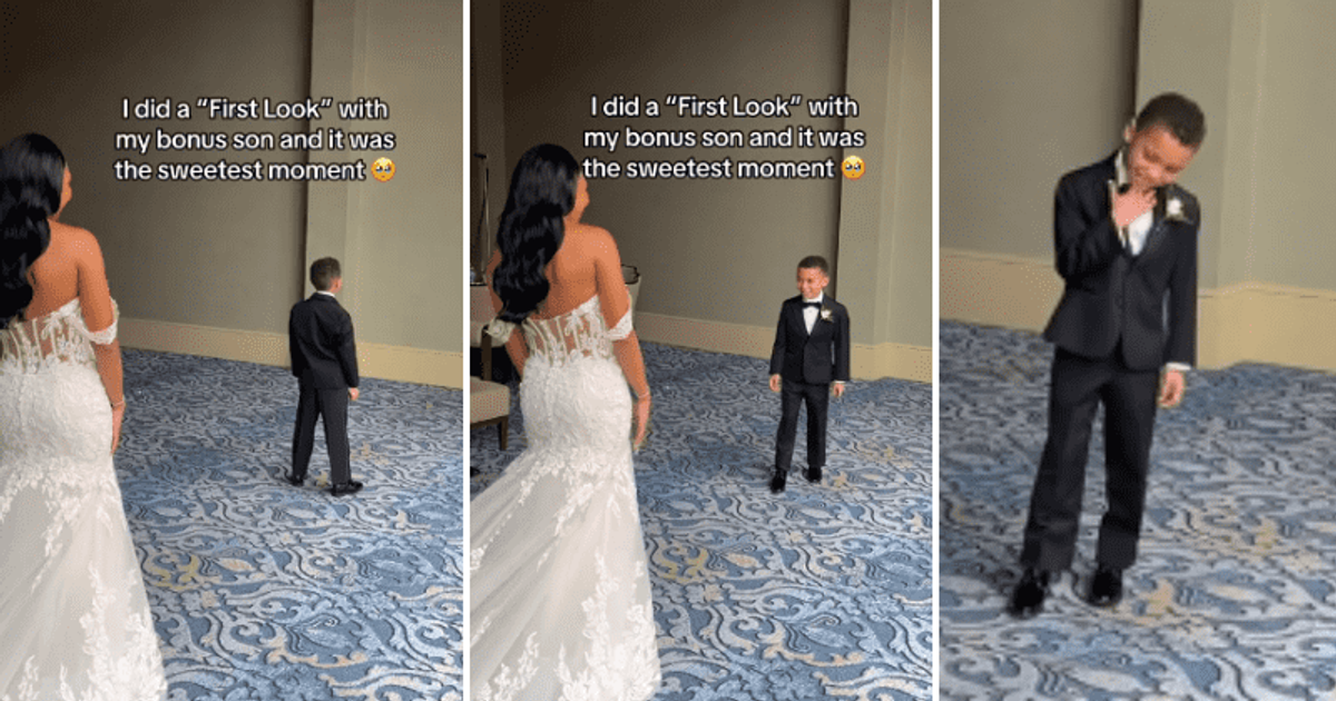 Bride's step-son has the most precious reaction to seeing her a wedding dress for the first time