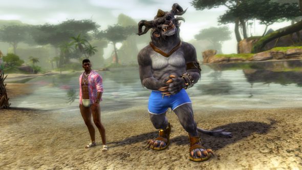 a charr and a human wearing various items from the Long-Awaited Vacation Appearance Package