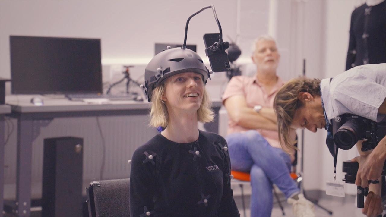 Student Leah Philpot using motion capture equipment