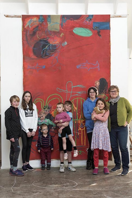 2023–2024, acrylic on canvas by Kate Downie (b.1958). The artist and co-creator team stand with the artwork