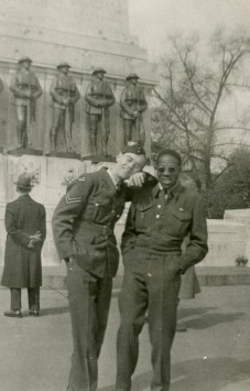 Leonard Braithwaite (right) and his friend Kenneth Moberly after V-E Day in London, England, 1945.