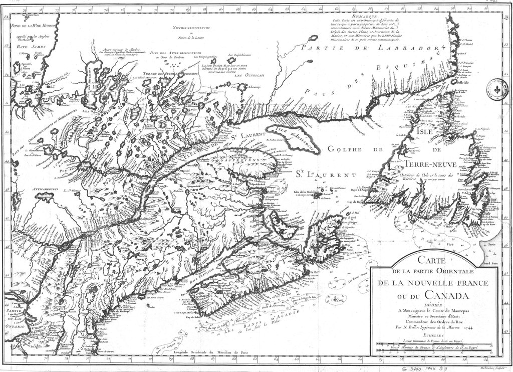 Map of the eastern portion of New France, or Canada, 1744.