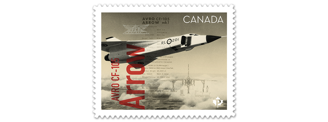 Commemorative stamp of the Avro CF-105 Arrow. Released by Canada Post in 2019.