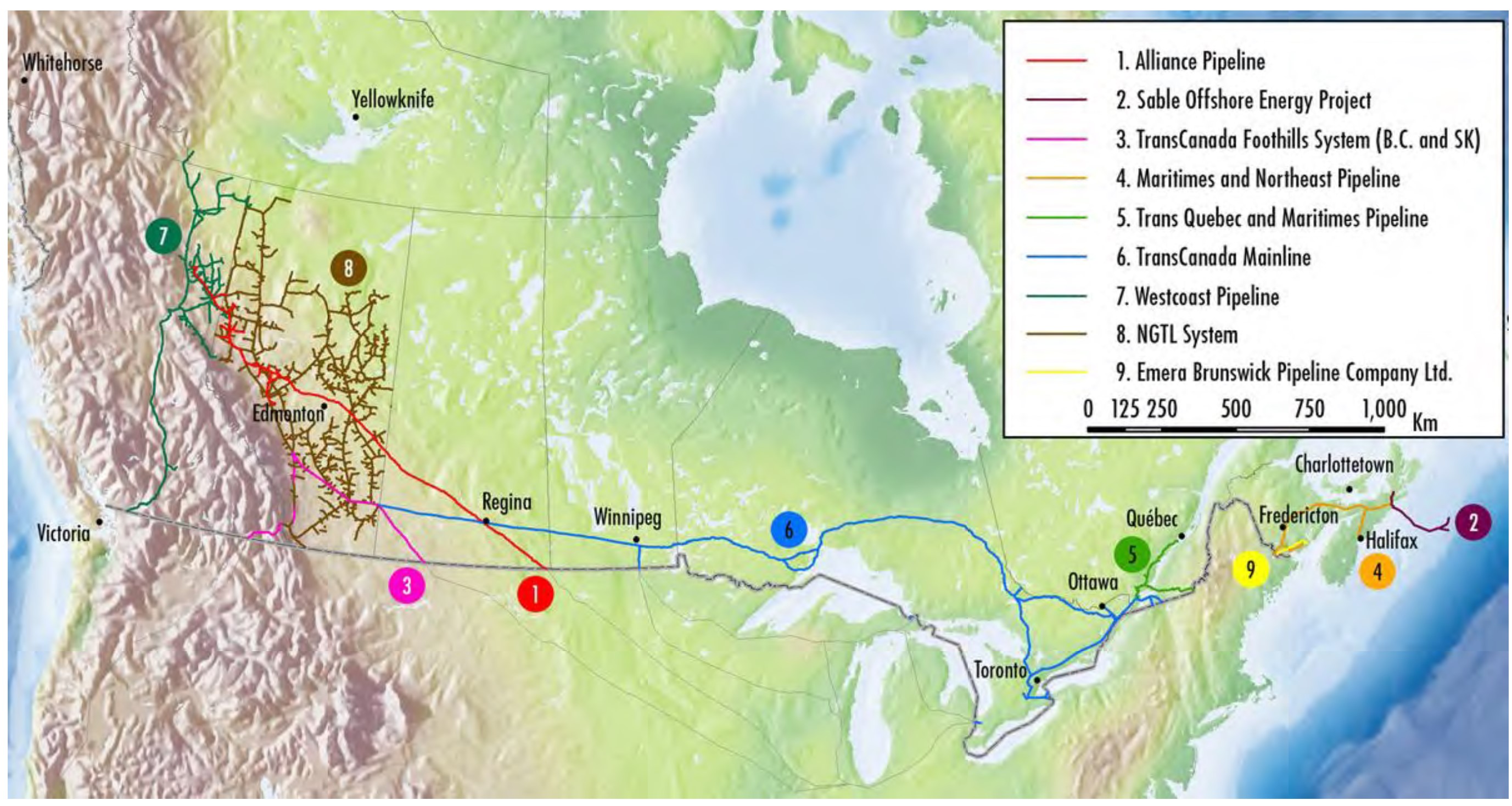 Carte des pipelines de gaz naturel réglementés au Canada