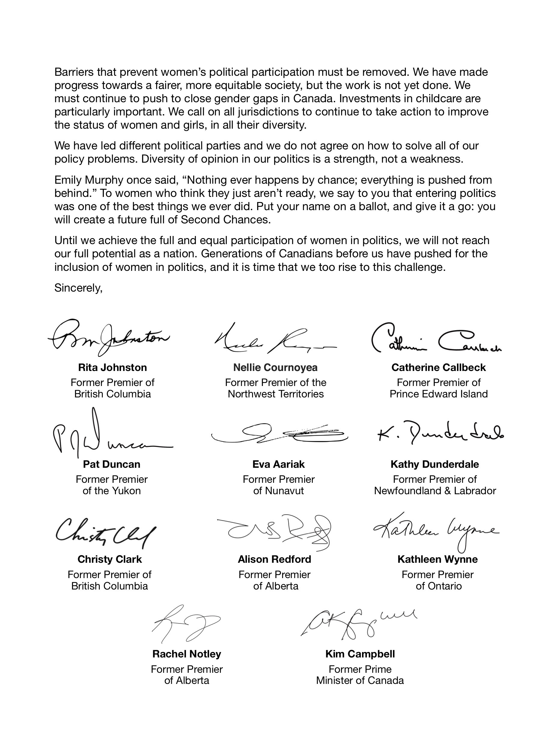 Une lettre ouverte des premières ministres du Canada