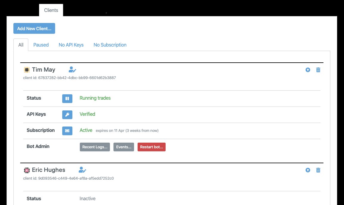 Managing clients in a trading group