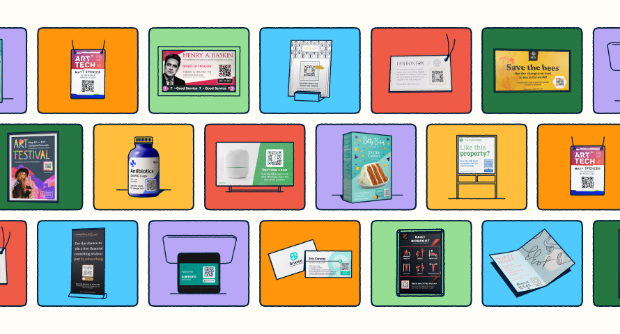 Examples of QR Codes on posters, billboards, flyers, and more.