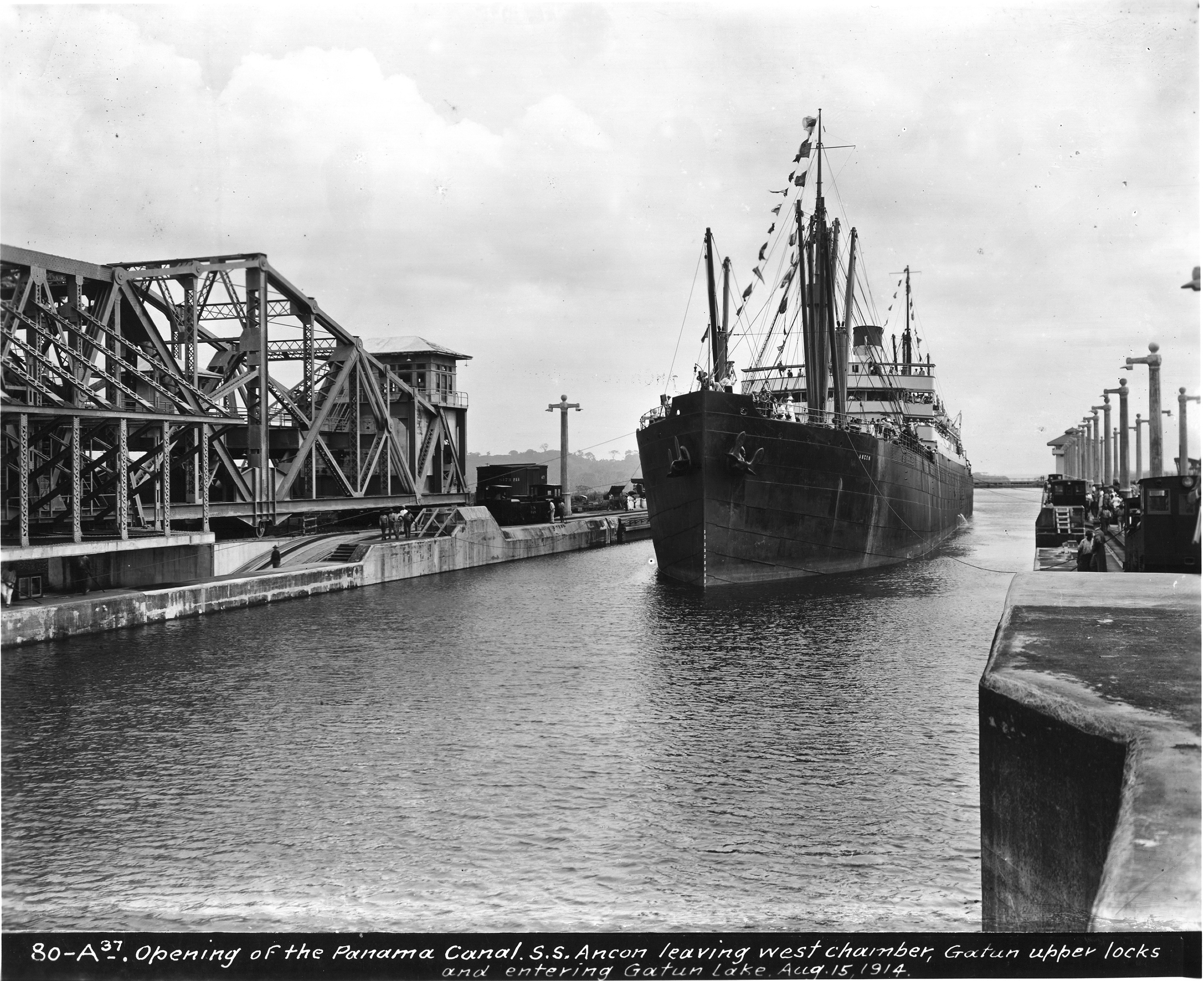 The Panama Canal opened on Aug. 15, 1914. The first ship through was the U.S. steamer the SS Ancon. It's shown here leaving the west chamber of the upper Gatun locks and entering Gatun Lake. Photo by PhotoQuest/Getty Images