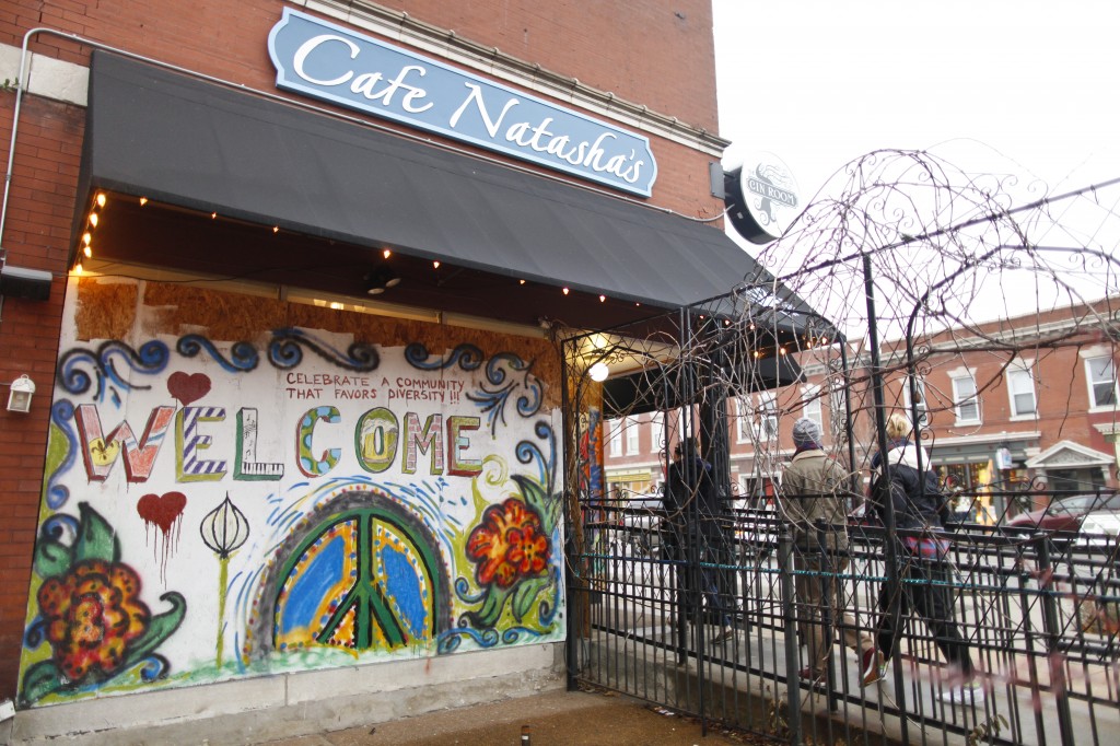 Artists converged at Cafe Natasha's in St. Louis after it experienced damage during protests. Photo by Miriam Ross-Hirsch