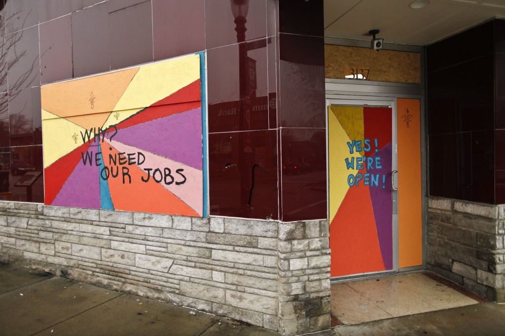 Artists converged at Cafe Natasha's in St. Louis after it experienced damage during protests. Photo by Miriam Ross-Hirsch