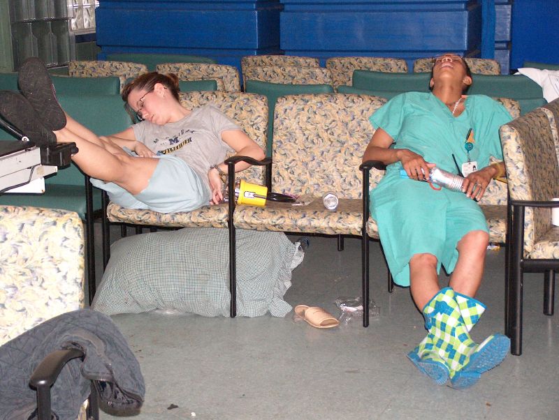 Residents Rest Two surgical residents take a nap on the 1st floor after a shift caring for ICU patients. -- Photo by Mooney Bryant-Penland