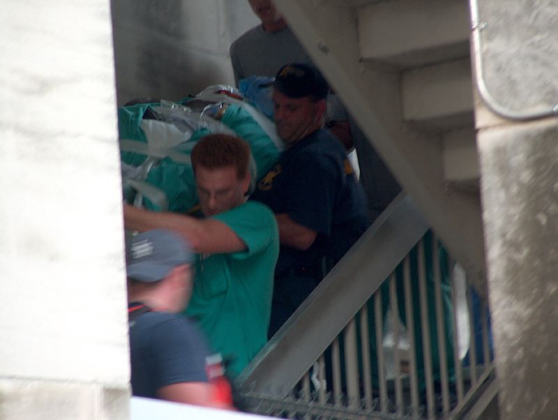 Carrying Patients Patients were carried down this outside stairwell from as high as the 12th floor, which housed the surgical ICU. Patients were transported across the street to Tulane Hospital where staff were being evacuated by helicopter. According to Bryant-Penland, a Charity patient died while waiting to be evacuated on this route. -- Photo by Mooney Bryant-Penland