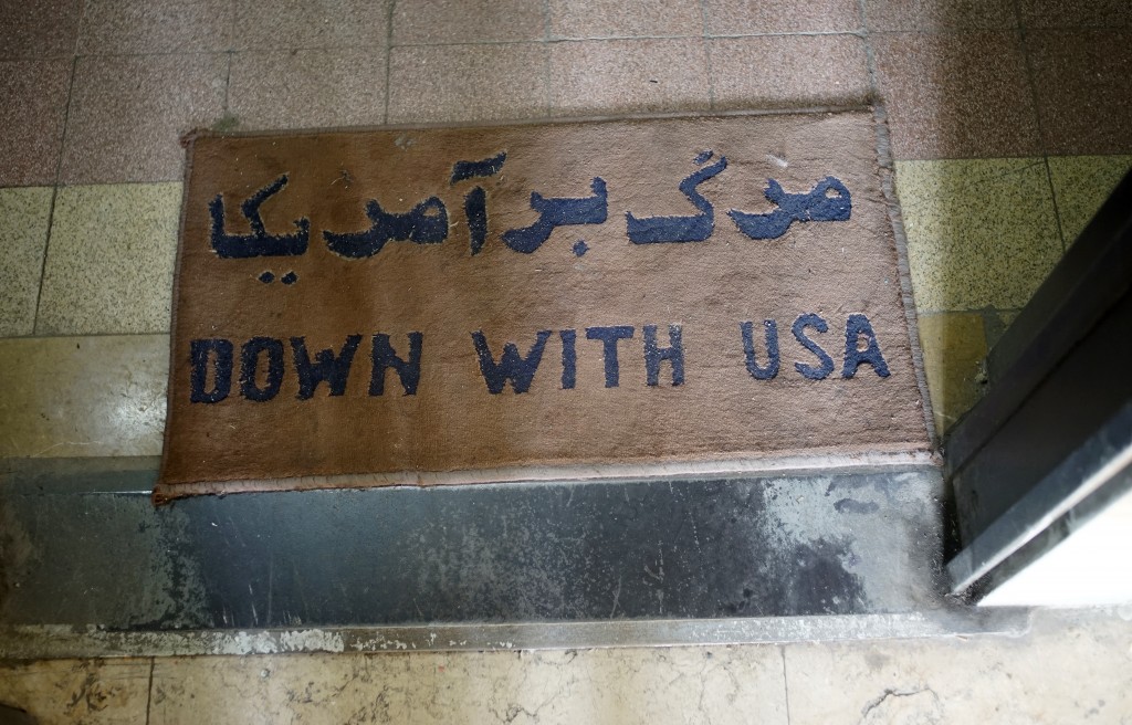 A "Down with USA" mat welcomes visitors to a museum housed in the former embassy.