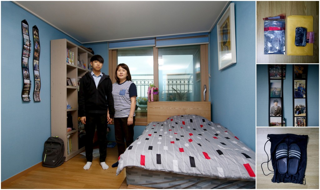 Shin Jum-ja, mother on the right, and Jung Soo-beom, younger brother on the left, of Jung Hwi-beom, a high school student who died in the Sewol ferry disaster, pose for a photograph in Shin's son's room, as well as details of objects, in Ansan April 7, 2015. Shin said "Before the accident, my family talked a lot. Now we save our words, trying not to hurt each other. I am eager to see Hwi-beom just once. I wish I could hug him." Photo by Kim Hong-Ji/Retuers