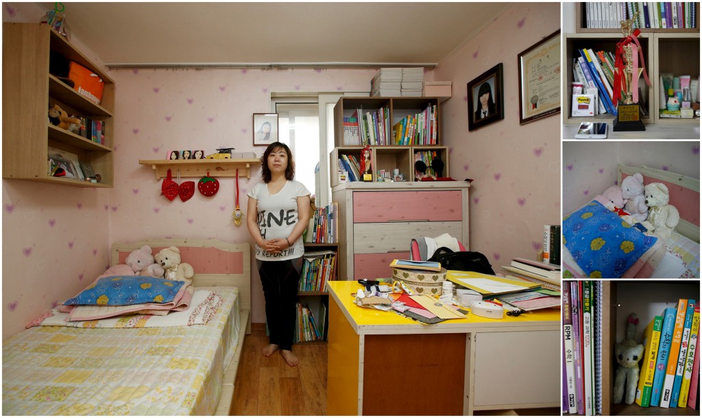 Lee Sun-mi, mother of Kim Ju-hee, a high school student who died in the Sewol ferry disaster, poses for a photograph in her daughter's room, as well as details of objects, in Ansan April 8, 2015. Lee said: "A thorough investigation has to be conducted. Spring has come and flowers are blossoming, but moms cannot smile. I hope the children who are still missing will be found ... I wish I could bring back my daughter. The world after the tragedy is not the place that I had known. Photo by Kim Hong-Ji/Reuters