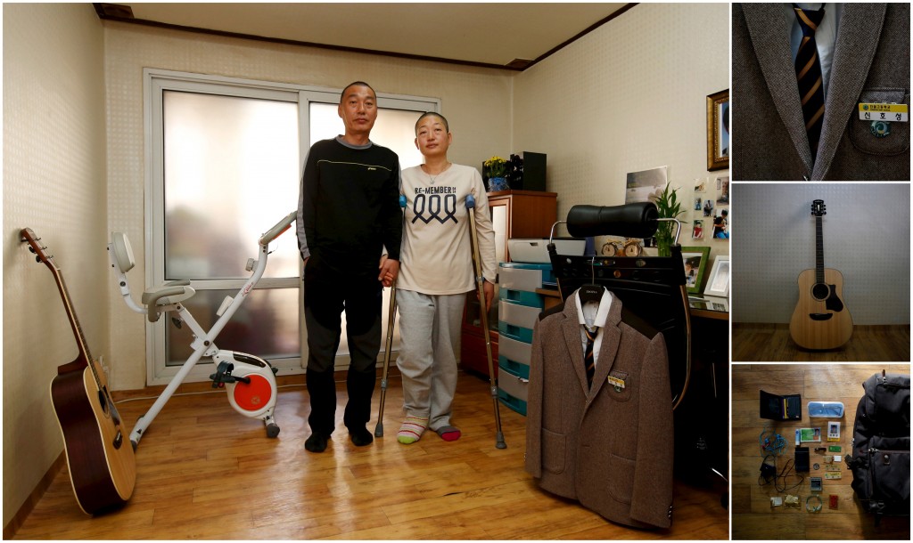 Jung Bu-ja (R) and Shin Chang-sik, parents of Shin Ho-sung, a high school student who died in the Sewol ferry disaster, pose for a photograph in their son's room, as well as details of objects, in Ansan April 9, 2015. Jung said: "I was protesting, asking for an inquiry to find out the real reason why the ferry capsized. Some foreign tourists took photos of me. At that moment, I felt I was an alien, although I live in this country. All I wanted to know was the reason why the crewmen were all rescued but our children had to die." 