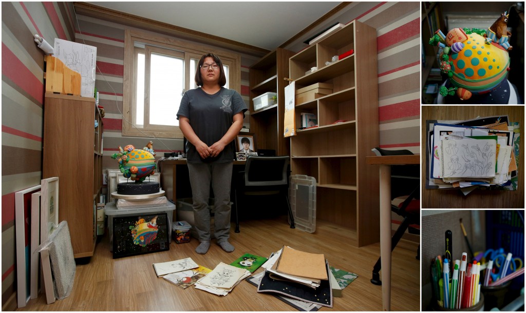 A combination picture shows Kim Mi-hwa, mother of Bin Ha-yong, a high school student who died in the Sewol ferry disaster, as she poses for a photograph in her son's room, as well as details of objects, in Ansan April 7, 2015. Kim said: "As I see the children, they are all pretty and precious. All of them have a right to be loved and have dreams. Losing these kids is a tremendous loss for our country." Photo by Kim Hong-Ji/Reuters