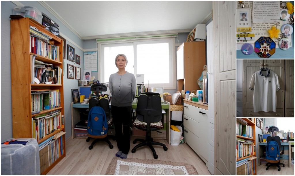 Jung Hye-suk, mother of Park Sung-ho, a high school student who died in the Sewol ferry disaster, poses for a photograph in her son's room, as well as details of objects, in Ansan April 7, 2015. Jung said: "Good children have died because of adults' faults. The Sewol disaster taught us about the problems of our society and adults should make efforts to fix them, although its too late. We have to strive to prevent any reoccurrence of this disaster and to build a culture that cherishes human life. Our children didn't blame society. They tried hard to save each others lives and worried about their families. Dont we have to learn from the efforts they showed in the last minutes of their lives?" Photo by Kim Hong-Ji/Reuters